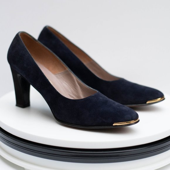 Saks Fifth Avenue Shoes - Vtg Saks Fifth Avenue Fenton Last Sued Leather Shoes Sz 9 Narrow Dark Blue Heels